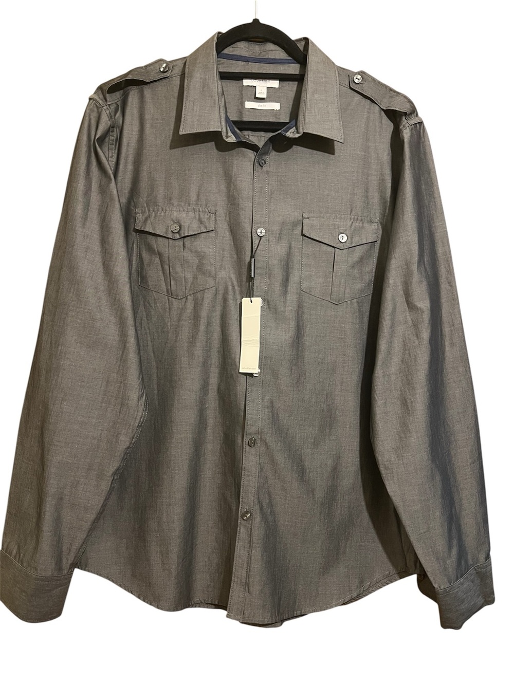 Calvin Klein Slim Fit Button Up Shirt Mens Large Charcoal Gray Elbow Buttons NWT